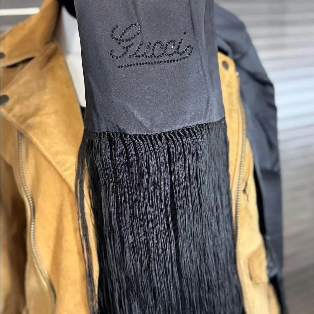 Gucci NWT Crystal Script Logo Velvet & Satin Fringe Scarf